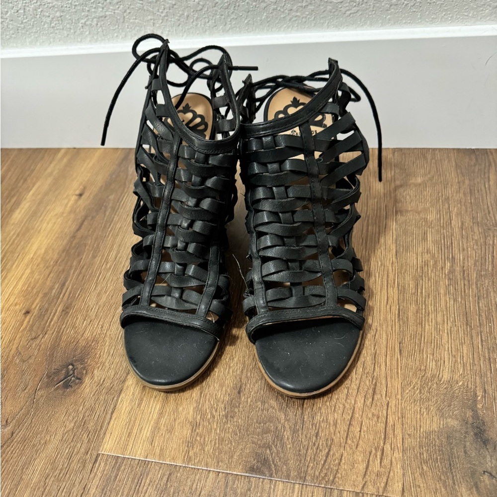 Fergalicious Black Gladiator Heel Sandals with Lace-Up Design